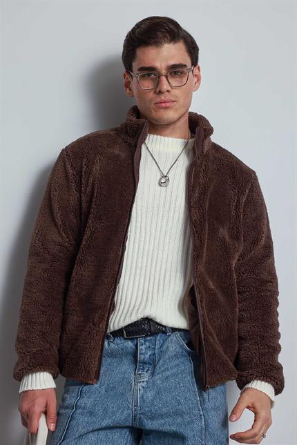 Erkek Rahat Kalıp Dik Yaka Fermuarlı Peluş Ceket Kahverengi