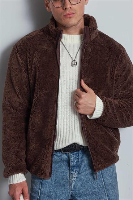 Erkek Rahat Kalıp Dik Yaka Fermuarlı Peluş Ceket Kahverengi