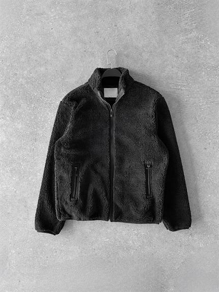 Erkek Rahat Kalıp Dik Yaka Fermuarlı Peluş Ceket Siyah