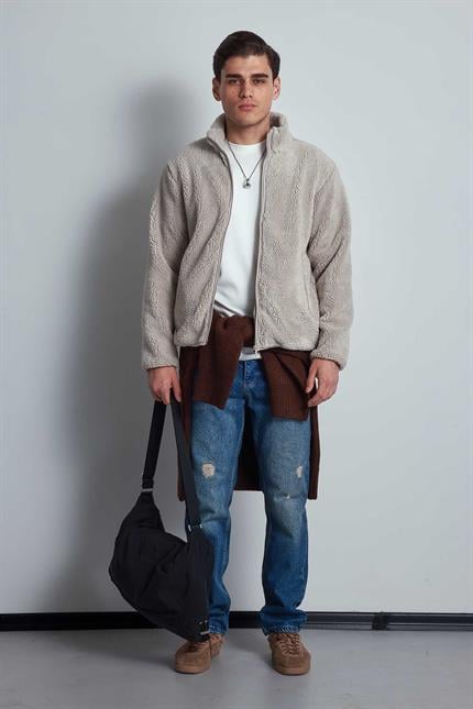 Erkek Rahat Kalıp Dik Yaka Fermuarlı Peluş Ceket Bej