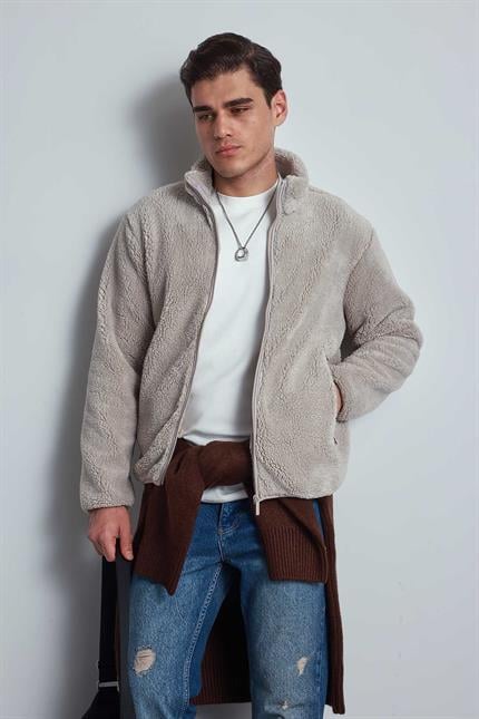 Erkek Rahat Kalıp Dik Yaka Fermuarlı Peluş Ceket Bej