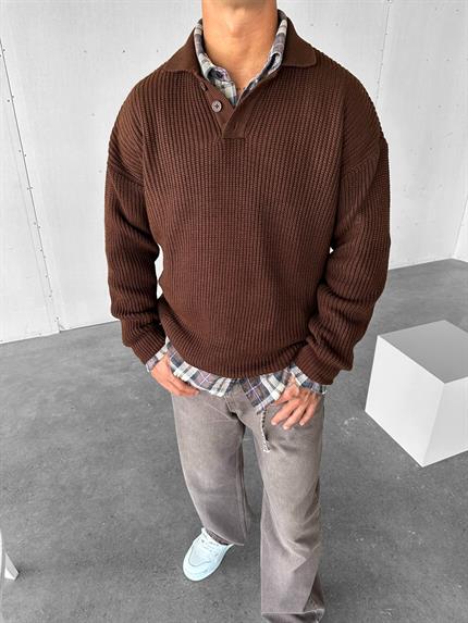 Erkek Rahat Kalıp Düğmeli Polo Yaka Kazak Kahverengi