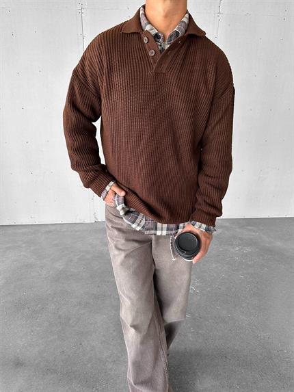 Erkek Rahat Kalıp Düğmeli Polo Yaka Kazak Kahverengi