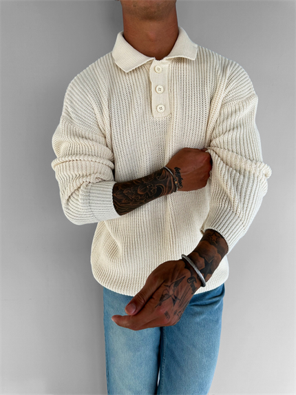 Erkek Rahat Kalıp Düğmeli Polo Yaka Kazak Bej