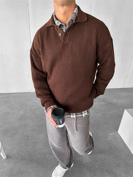 Erkek Rahat Kalıp Düğmeli Polo Yaka Kazak Kahverengi