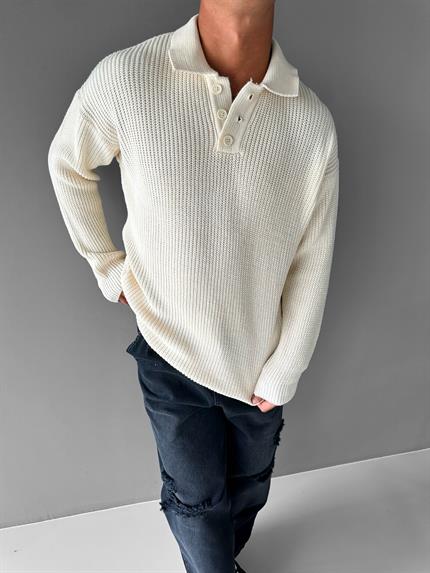 Erkek Rahat Kalıp Düğmeli Polo Yaka Kazak Bej