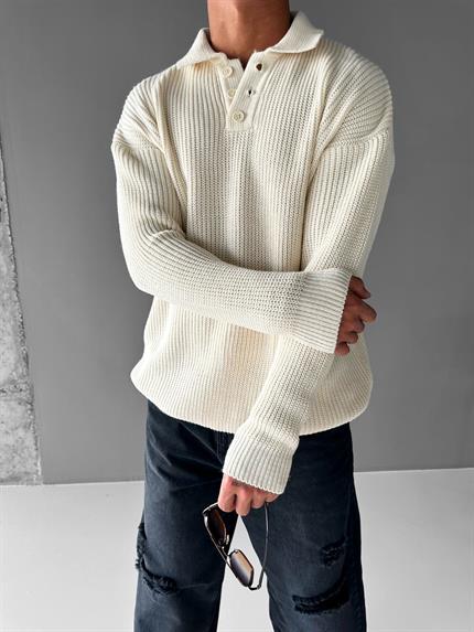 Erkek Rahat Kalıp Düğmeli Polo Yaka Kazak Bej