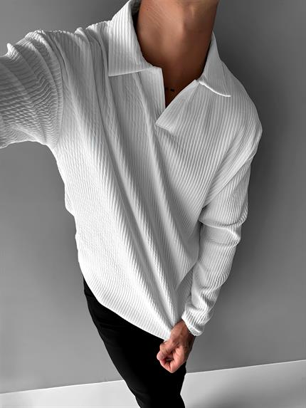 Erkek Rahat Kalıp Fitilli Polo V Yaka Uzun Kollu Sweatshirt Beyaz
