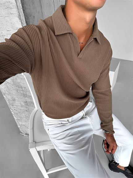 Erkek Rahat Kalıp Fitilli Polo V Yaka Uzun Kollu Sweatshirt Kahverengi
