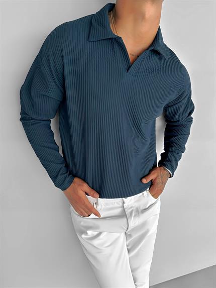 Erkek Rahat Kalıp Fitilli Polo V Yaka Uzun Kollu Sweatshirt Petrol Mavi