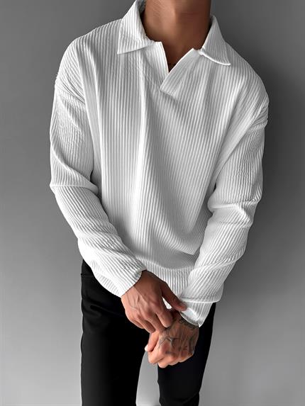 Erkek Rahat Kalıp Fitilli Polo V Yaka Uzun Kollu Sweatshirt Beyaz