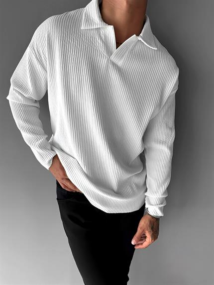 Erkek Rahat Kalıp Fitilli Polo V Yaka Uzun Kollu Sweatshirt Beyaz