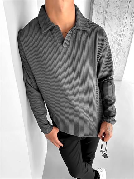 Erkek Rahat Kalıp Fitilli Polo V Yaka Uzun Kollu Sweatshirt Füme