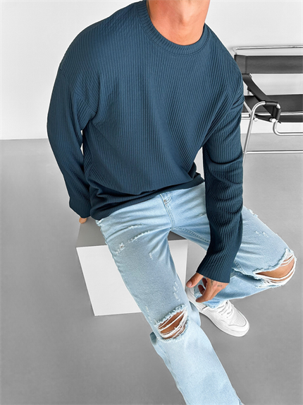 Erkek Rahat Kalıp Fitilli Uzun Kollu Sweatshirt Petrol Mavi