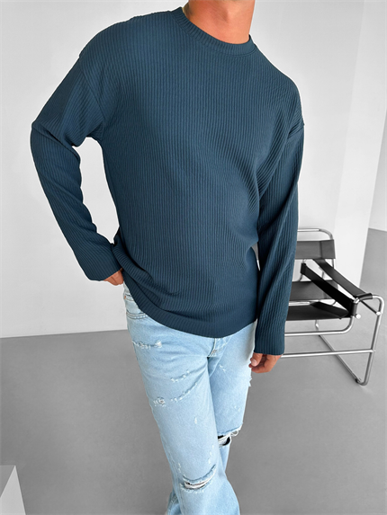 Erkek Rahat Kalıp Fitilli Uzun Kollu Sweatshirt Petrol Mavi