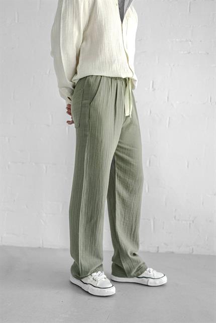 Erkek Rahat Kesim Baggy Fit Müslin Pantolon Açık Yeşil