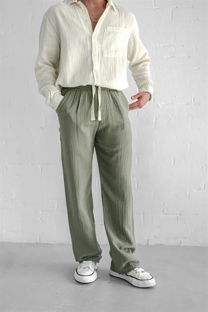 Erkek Rahat Kesim Baggy Fit Müslin Pantolon Açık Yeşil