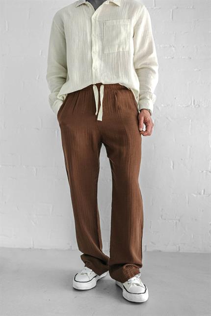 Erkek Rahat Kesim Baggy Fit Müslin Pantolon Kahve