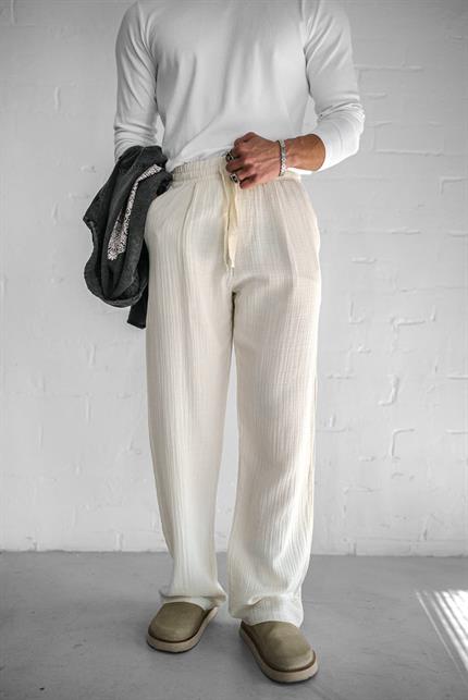 Erkek Rahat Kesim Baggy Fit Müslin Pantolon Ekru