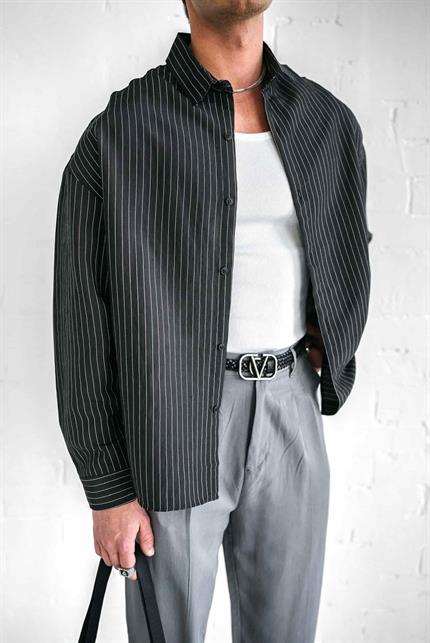 Erkek Rahat Kesim Çizgili Modal Gömlek Siyah