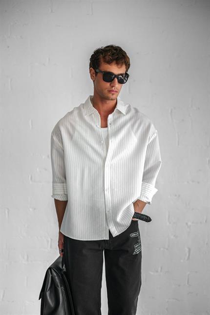 Erkek Rahat Kesim Çizgili Modal Gömlek Beyaz