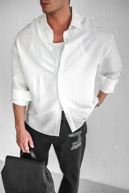 Erkek Rahat Kesim Çizgili Modal Gömlek Beyaz
