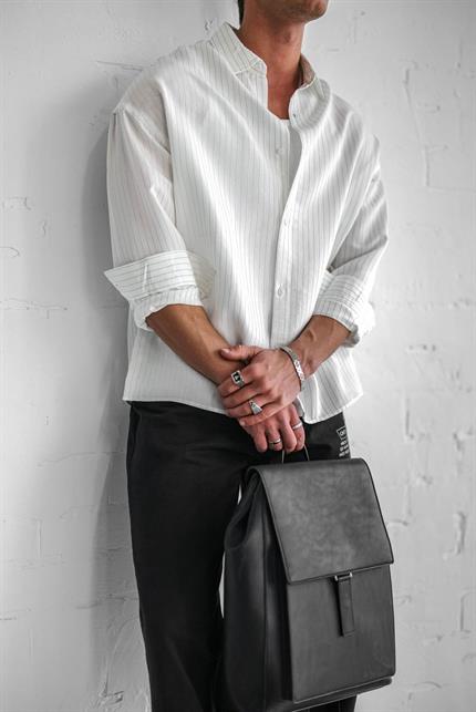 Erkek Rahat Kesim Çizgili Modal Gömlek Beyaz