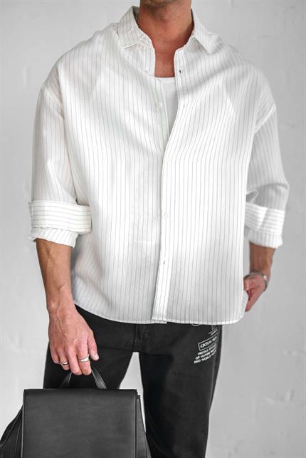 Erkek Rahat Kesim Çizgili Modal Gömlek Beyaz