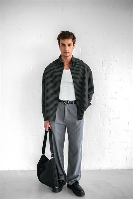 Erkek Rahat Kesim Çizgili Modal Gömlek Siyah