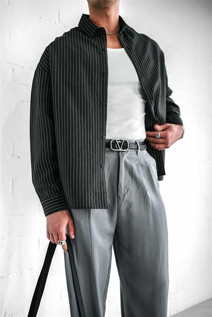 Erkek Rahat Kesim Çizgili Modal Gömlek Siyah