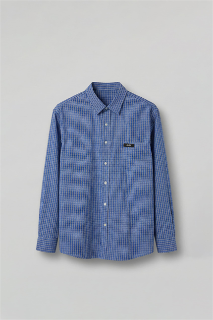 Erkek Relaxed Fit %100 Pamuk Uzun Kollu Kareli Gömlek Mavi