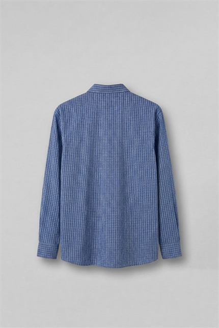 Erkek Relaxed Fit %100 Pamuk Uzun Kollu Kareli Gömlek Mavi