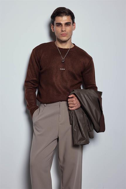 Erkek Regular Fit Bisiklet Yaka Kazak Kahve