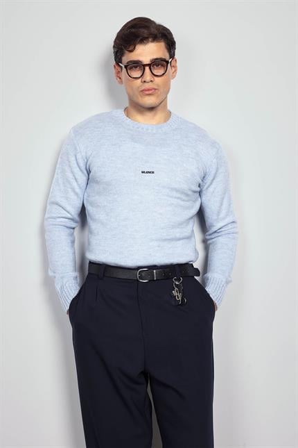 Erkek Regular Fit Bisiklet Yaka Kazak Açık Mavi