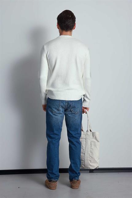 Erkek Regular Fit Bisiklet Yaka Kazak Ekru