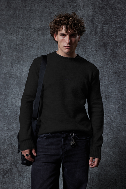 Erkek Regular Fit Bisiklet Yaka Kazak Siyah