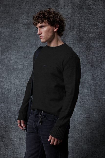 Erkek Regular Fit Bisiklet Yaka Kazak Siyah