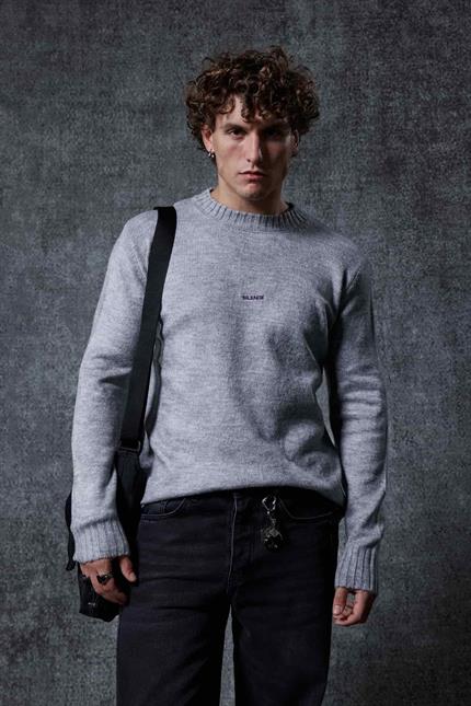 Erkek Regular Fit Bisiklet Yaka Kazak Gri