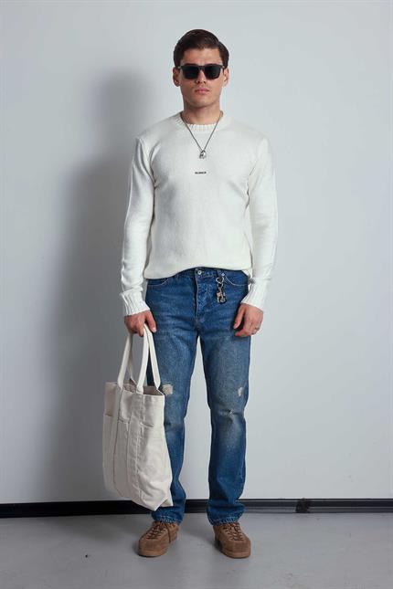 Erkek Regular Fit Bisiklet Yaka Kazak Ekru