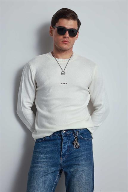 Erkek Regular Fit Bisiklet Yaka Kazak Ekru