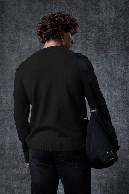 Erkek Regular Fit Bisiklet Yaka Kazak Siyah