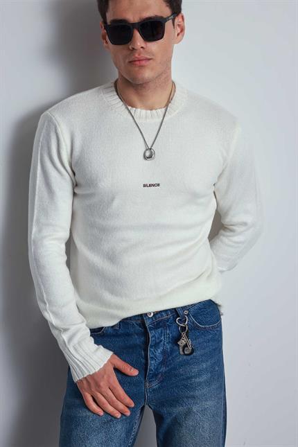 Erkek Regular Fit Bisiklet Yaka Kazak Ekru