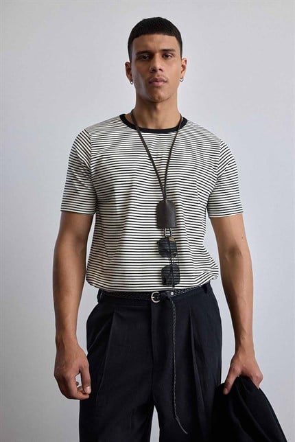 Erkek Regular Fit Çizgili Basic T-Shirt Ekru