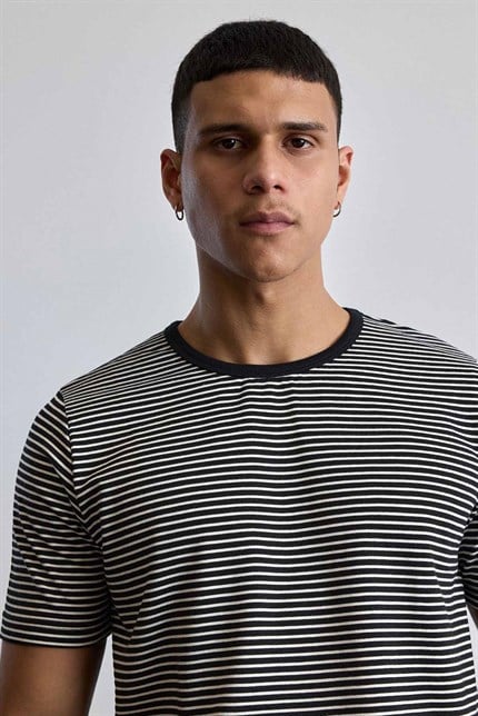 Erkek Regular Fit Çizgili Basic T-Shirt Siyah