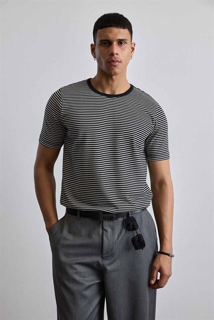 Erkek Regular Fit Çizgili Basic T-Shirt Siyah