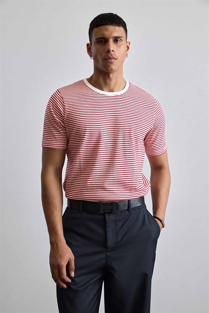Erkek Regular Fit Çizgili Basic T-Shirt Kırmızı