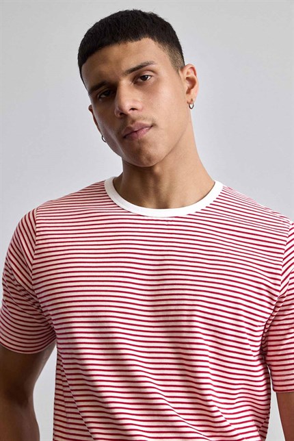 Erkek Regular Fit Çizgili Basic T-Shirt Kırmızı