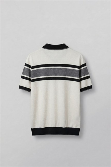 Erkek Regular Fit Çizgili Havlu Triko Polo Yaka T-Shirt Ekru Siyah