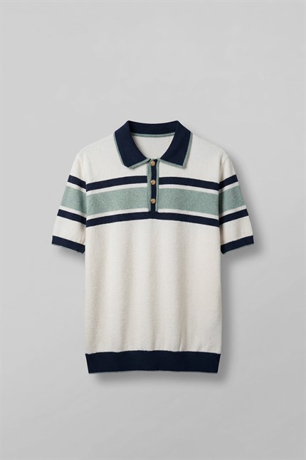 Erkek Regular Fit Çizgili Havlu Triko Polo Yaka T-Shirt Ekru Lacivert