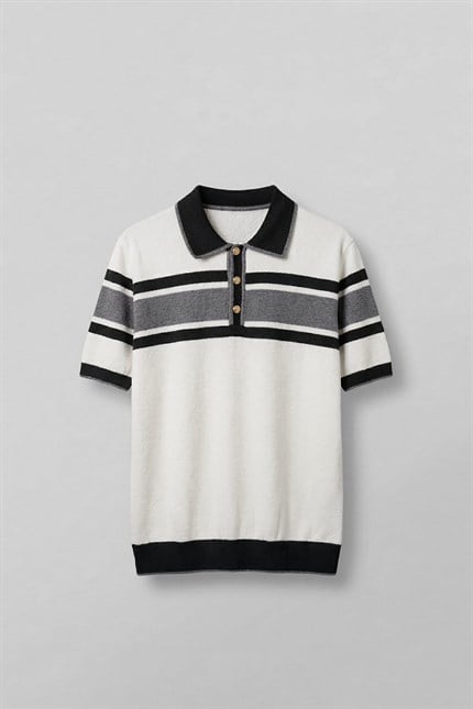 Erkek Regular Fit Çizgili Havlu Triko Polo Yaka T-Shirt Ekru Siyah